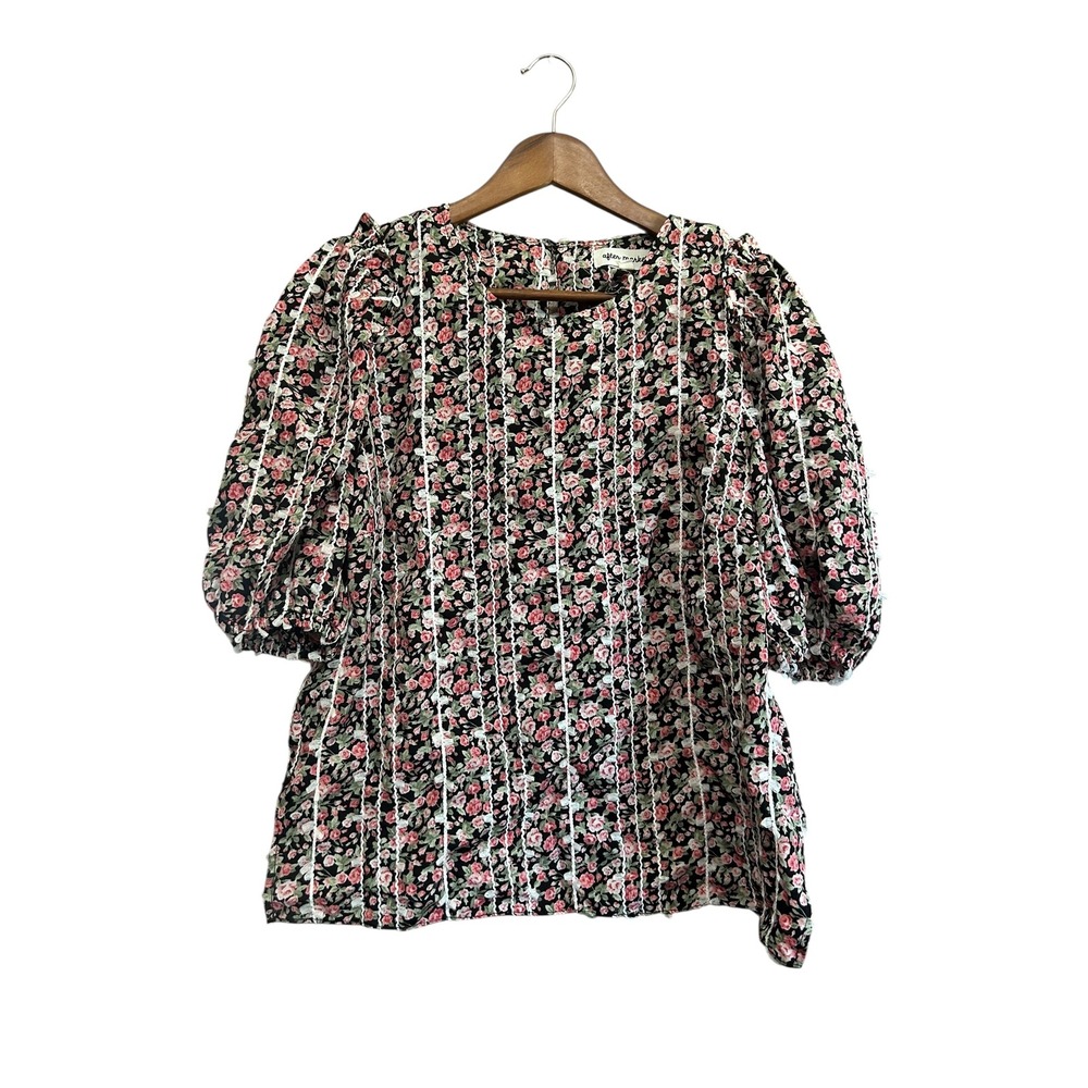 After Market‎ Floral Print Blouse Top White Lace Trimmed Puff Sleeve M